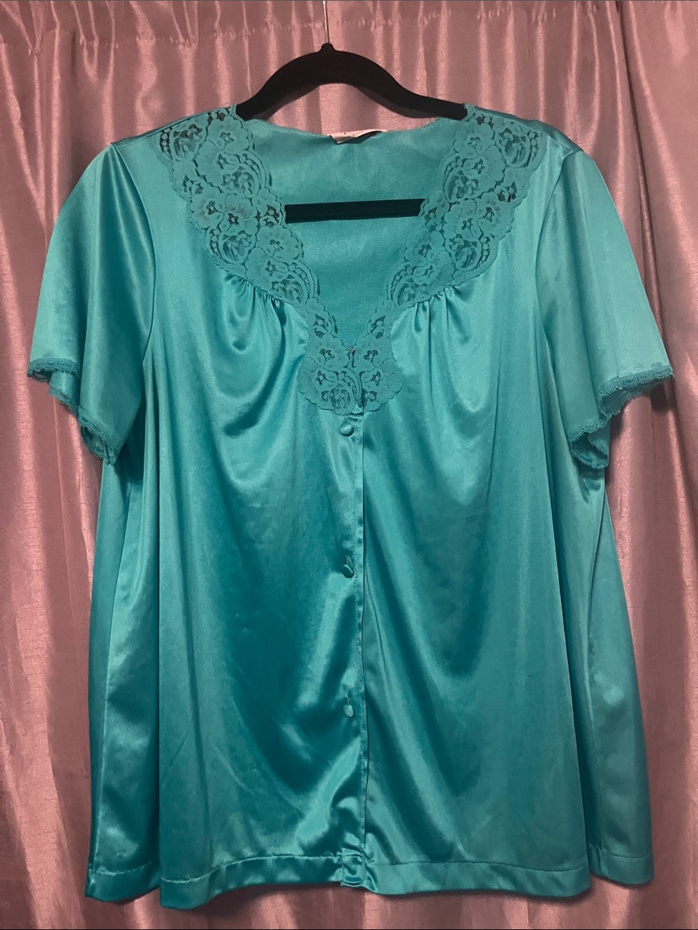 Vintage Vanity Fair Teal Satin Lace-Trim Button Front Chemise Top